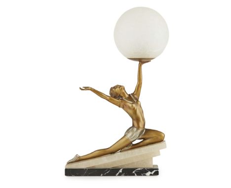 ENGLISH SCHOOL  ART DECO PATINATED SPELTER TABLE LAMP, CIRCA 1925   cast as a girl, holding aloft a frosted glass shade and r