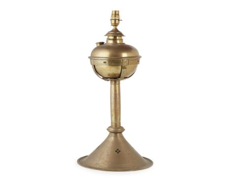 ATTRIBUTED TO JAN EISENLOEFFEL  BRASS OIL LAMP, CIRCA 1910  the reservoir supported in a strap-work frame column and base dec