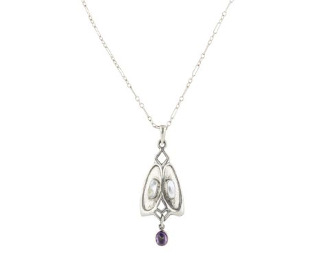W.H. HASELER LTD.  ART NOUVEAU SILVER PENDANT, HALLMARKED 1905   of shaped triangular form set with mother-of-pearl roundels,