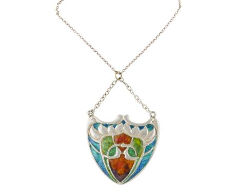 W.H. HASELER LTD.  ART NOUVEAU SILVER AND ENAMEL PENDANT, HALLMARKED 1904   the shield form pendant cast with stylised plant 