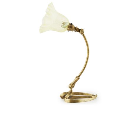 ATTRIBUTED TO W.A.S. BENSON  ARTS &amp; CRAFTS BRASS TABLE LAMP, CIRCA 1890   with adjustable frilled and moulded Vaseline gl