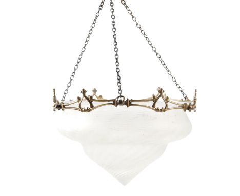 W.A.S. BENSON (1854-1924)  ARTS &amp; CRAFTS BRASS AND FROSTED GLASS HANGING LIGHT, CIRCA 1900   with shaped conical shade su