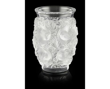 LALIQUE, FRANCE  'BAGATELLE' PATTERN CLEAR AND FROSTED GLASS VASE, DESIGNED 1939, MODERN   moulded with birds perched in foli