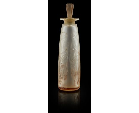 RENÉ LALIQUE (1860-1945) FOR COTY  'AMBRE ANTIQUE' FROSTED GLASS PERFUME BOTTLE AND STOPPER, CIRCA 1910   with traced of orig