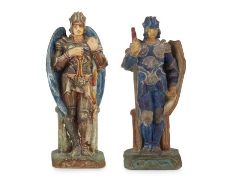 COMPTON POTTERS' ART GUILD  POTTERY FIGURE OF ST. MICHAEL, CIRCA 1920   painted in tempera, impressed seal mark, 22.5cm high;