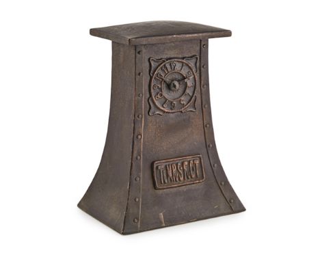 ENGLISH SCHOOL  ARTS &amp; CRAFTS PATINATED COPPER MANTEL CLOCK, EARLY 20TH CENTURY   the moulded dial within a domed project