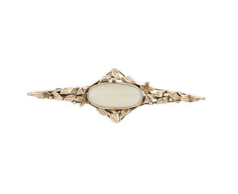 ATTRIBUTED TO RHODA WAGER  GOLD AND OPAL SET BROOCH, EARLY 20TH CENTURY   the oval opal cabochon enclosed within openwork fra