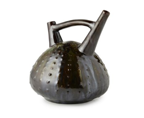 CHRISTOPHER DRESSER (1834-1904) FOR LINTHORPE ART POTTERY  EARTHENWARE 'URCHIN' VESSEL, CIRCA 1880   covered in a streaky gre