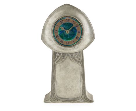 ATTRIBUTED TO DAVID VEASEY FOR LIBERTY &amp; CO., LONDON  'TUDRIC' PEWTER AND ENAMEL MANTEL CLOCK, CIRCA 1900   the dial set 