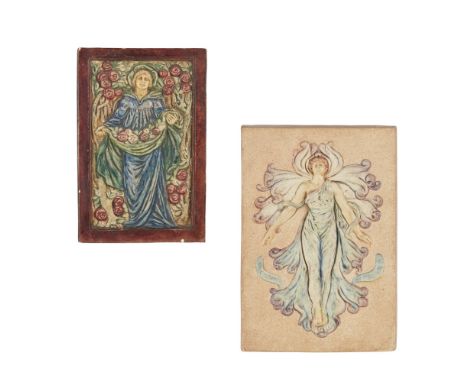 COMPTON POTTERS' ART GUILD  TWO POTTERY WALL PLAQUES OF A LADY WITH ROSES AND THE SPIRIT OF THE LILY   painted in tempera on 