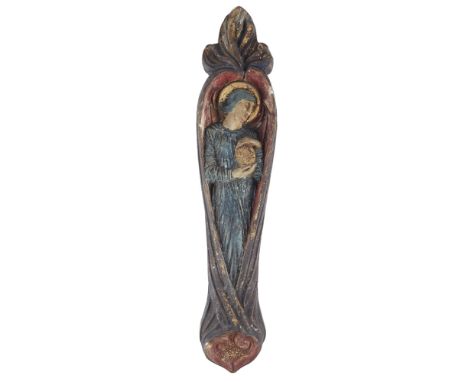 COMPTON POTTERS' ART GUILD  FIGURAL POTTERY WALL PLAQUE, CIRCA 1920   moulded as the Virgin Mary, painted in tempera on plast
