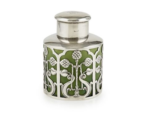 JAMES &amp; WILLIAM DEAKIN  SILVER &amp; WATCOMBE POTTERY TEA CADDY, CHESTER 1904   the cylindrical body pierced with a band 
