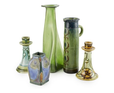 GROUP OF CERAMIC AND GLASS WARES, EARLY 20TH CENTURY   including TWO MINTONS SECESSIONIST CANDLESTICKS, each with maker's mar