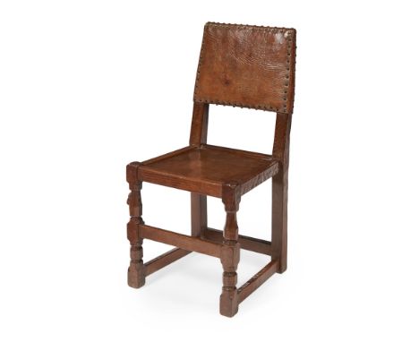 ROBERT 'MOUSEMAN' THOMPSON (1876-1955)  OAK SIDE CHAIR, 1920s the back with close-nailed leather panel above solid panel seat