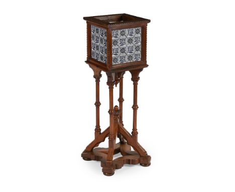 ENGLISH SCHOOL  GOTHIC REVIVAL OAK PLANTER, CIRCA 1890   inset to each side with Maw &amp; Co. panelled tiles in blue on whit