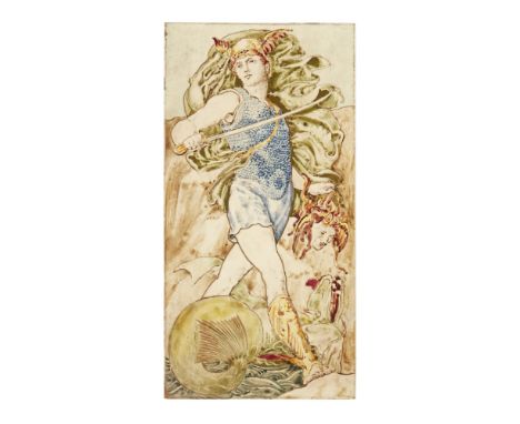 MINTON'S CHINA WORKS  PAINTED CERAMIC TILE, CIRCA 1880   impressed marks MINTON'S CHINA WORKS/ STOKE-ON-TRENT  41cm x 21cm