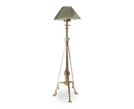 ENGLISH SCHOOL  ARTS &amp; CRAFTS BRASS AND COPPER EXTENDING STANDARD LAMP, CIRCA 1900   converted to electricity, the leafy 