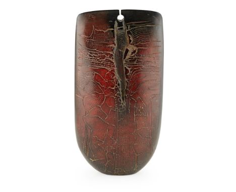 [§] PETER HAYES (B. 1947)  'OBELISK' RED BROWN CERAMIC FORM   incised maker's mark under base  34.5cm high