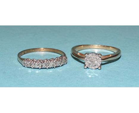 A 9ct gold ring set a round cluster of diamond points, size N and a 9ct gold half-hoop ring set diamond points, size N½, 3.7g