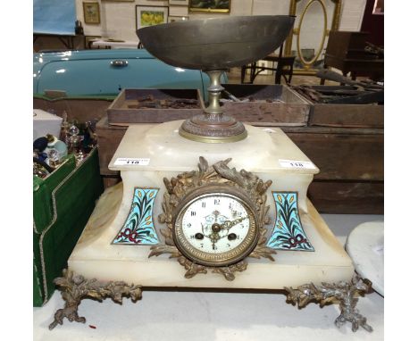 A French white marble mantel clock surmounted with gilt metal bowl, the dial with gilt metal leaf decoration, the surround fl