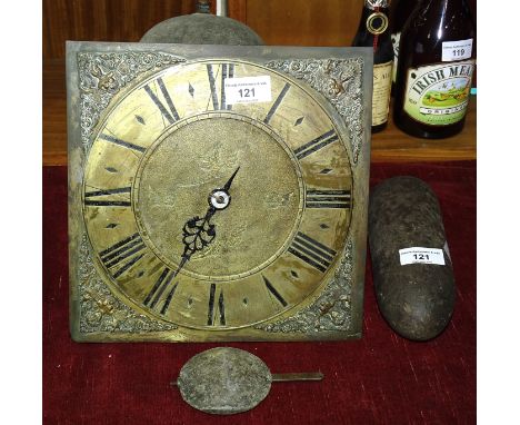 An 18th century 30-hour clock movement with 10'' brass dial, one weight and pendulum bob. 