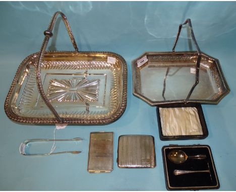 A pair of silver sugar tongs, London 1827, a child's silver feeding spoon and pusher, Birmingham 1931, (cased), two plated di