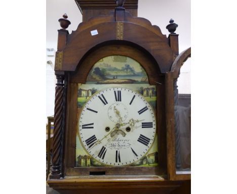 A Victorian mahogany long case clock, the arched painted dial signed C Schwerer?, Aberdare, with eight-day ball-striking move