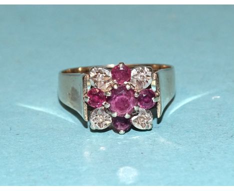 A 9ct gold ruby and diamond cluster ring, size P, 4.2g. 