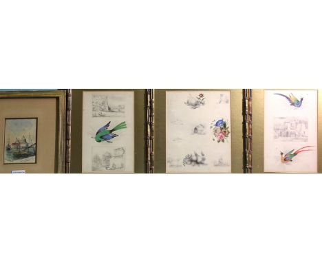 19th century English School,&nbsp;'Three studies of exotic birds and architectural subjects', pencil drawings embellished wit
