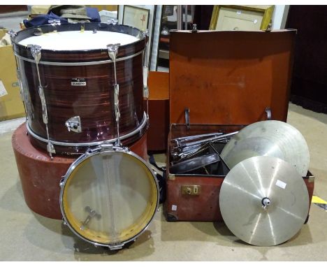 A Premier 'Olympic' bass drum, a Premier snare tray, various cymbals with stand, seat, foot pedal, etc, in two cases. 