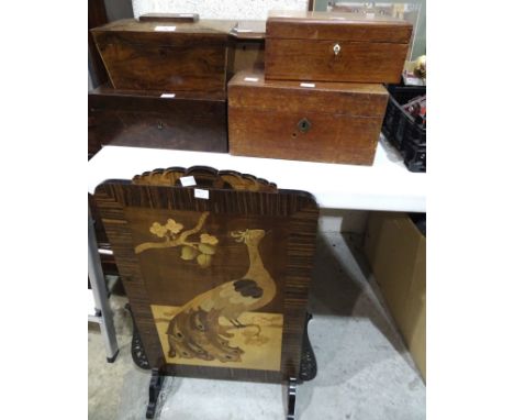 A 19th century walnut three-division tea caddy of sarcophagus shape, 27cm wide, 14cm high, five various wooden boxes, a fire 