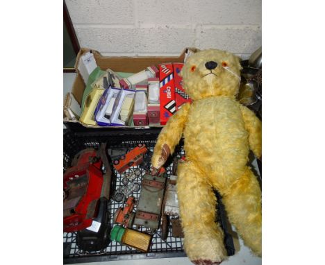 A Chad Valley teddy bear, 48cm high, eight various boxed diecast vehicles, and others.