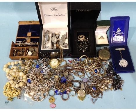 A 9ct gold earring, 1.7g, a watch chain, an opal doublet pendant on chain, a silver 3-D bracelet and a quantity of watches an