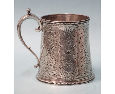 A Victorian silver christening tankard of tapered form, with engraved decoration, (no inscription) and scroll handle, 8.5cm h