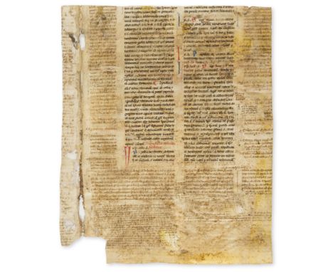 Justinianus I. Two fragments of leaves from a Justinian Codex, decorated manuscript on parchment, in Latin, remains of double