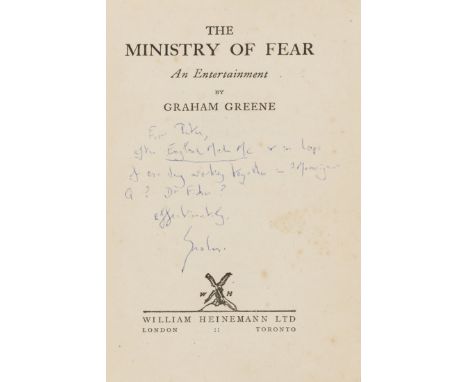 Greene (Graham) The Ministry of Fear, first edition, signed presentation inscription from the author to Peter Duffell "after 