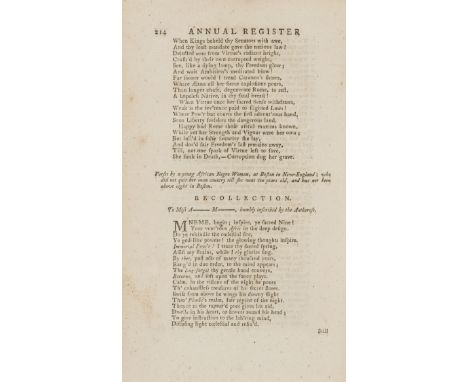 First published African-American female poet.- Wheatley (Phyllis) Recollection, in the Annual Register for the year 1772, pp.