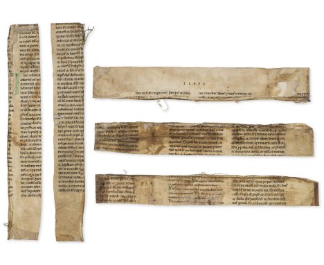 Twelfth century English Bible.- Five large fragments from a giant Latin Bible, decorated manuscript on parchment, five strips