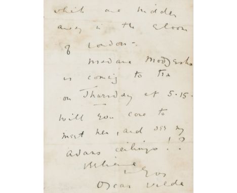 Wilde (Oscar, writer, 1854-1900) Autograph Letter signed, 2pp. fragment only of a longer letter, 8vo, n.p., n.d. [?1880], "..