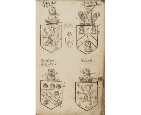 Heraldry.- [Shields & Crests], manuscript in at least 2 Secretary hands, 119pp. excluding blanks & 8pp. index at end, c. 590 