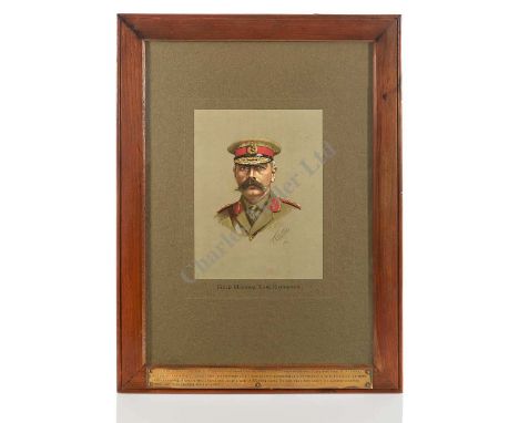A LITHOGRAPHIC PORTRAIT OF LORD KITCHENER FRAMED IN HAMPSHIRE WRECK WOOD, CIRCA 1916, by Thomas Forman & Sons after Cecil Cut