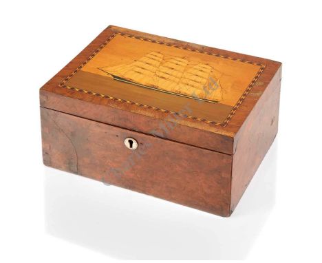 A 19TH-CENTURY MARQUETRY MARINE WORK BOX, the lid depicting a four-masted barque in full sail, mother-of-pearl lock plate, co