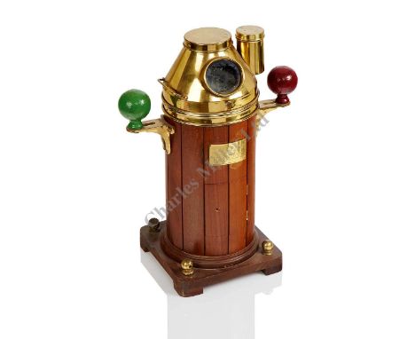 A CHANDLER'S PROMOTIONAL MODEL BINNACLE FOR A STANDARD COMPASS, complete with liquid compass in gimbal rings, brass hood, mag