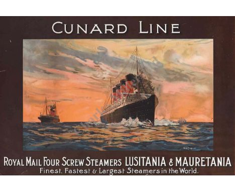A FINE CHROMOLITHOGRAHIC TRAVEL AGENT'S POSTER FOR THE LUSITANIA & MAURETANIA, CIRCA 1907, after Norman Wilkinson -- 12¼ x 18