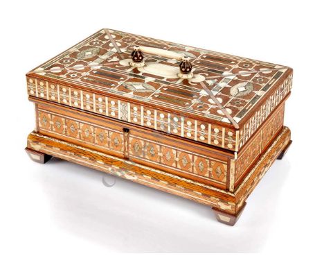 Ø A LATE 19TH CENTURY MARQUETRY WHALEBONE AND MARINE IVORY JEWELLERY BOX, constructed in light oak and inset overall with geo