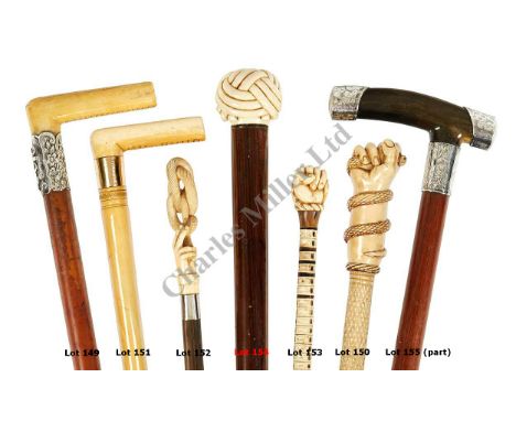 Ø A 19TH CENTURY MARINE IVORY AND WOOD WALKING STICK, the stout tapering plain wooden shaft terminating in Turk's Head Knot h