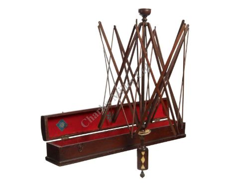 A GOOD 19TH CENTURY SAILORWORK MAHOGANY AND BONE SWIFT OR YARN WINDER, with turned wooden bowl to top threaded brass securing