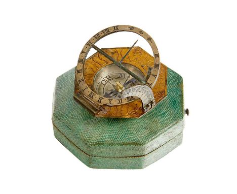 AN 18TH-CENTURY VOGLER-TYPE COMPASS SUNDIAL, unsigned, of usual form with decorative gilt brass edge, and contained in fitted