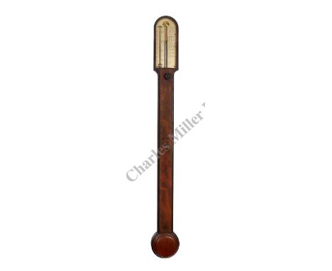 A DOMESTIC MAHOGANY STICK BAROMETER BY JACOB ABRAHAM, BATH, CIRCA 1820, with silvered scale plate, thermometer and barometer 