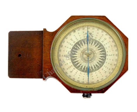 A PLANE TABLE SURVEYING COMPASS BY GEORGE ADAMS SENIOR, CIRCA 1740, with 4½in. compass card signed around pictorial depiction